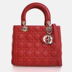 Pre Owned Dior Lady Dior Medium Red Lambskin Top Handle Bag