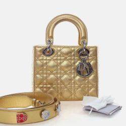 Pre Owned Dior Lady Dior Small Gold Calfskin Handbag