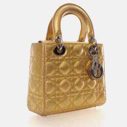 Pre Owned Dior Lady Dior Small Gold Calfskin Handbag