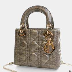 Pre Owned Dior Lady Dior Mini Python Metallic Leather Handbag