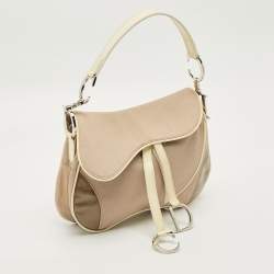 Pre Owned Dior Beige/Cream Fabric and Patent Leather Double Saddle Bag