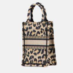 Pre Owned Dior Beige/Black Mizza Mini Embroidered Canvas Leopard Vertical Book Tote