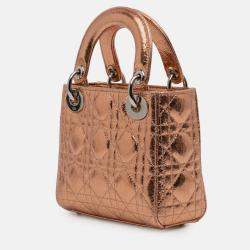 Pre Owned Dior Brown Mini Metallic Crinkled Calfskin Cannage Lady Dior