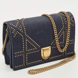 Pre Owned Dior Blue Cannage Denim Studded Diorama Wallet on Chain