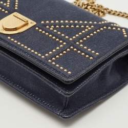 Pre Owned Dior Blue Cannage Denim Studded Diorama Wallet on Chain