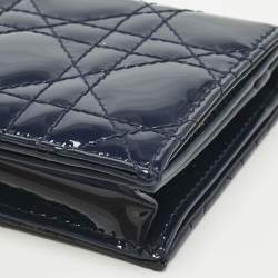 Pre Owned Dior Navy Blue Patent Leather Mini Lady Dior Gardenia Wallet