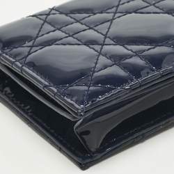 Pre Owned Dior Navy Blue Patent Leather Mini Lady Dior Gardenia Wallet