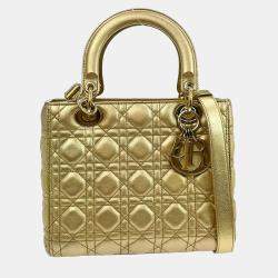 Pre Owned Christian Dior Gold Lambskin Lady Dior Cannage 2way Handbag