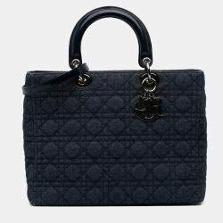 Pre Owned Dior Navy Blue Large Denim Cannage Lady Dior