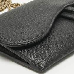 Pre Owned Dior Black Leather Saddle Wallet on Chain