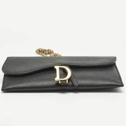 Pre Owned Dior Black Leather Saddle Wallet on Chain
