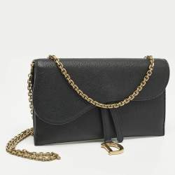 Pre Owned Dior Black Leather Saddle Wallet on Chain