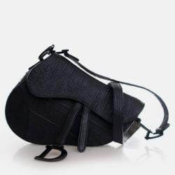 Pre Owned Dior Medium Oblique Embossed Black Calf Leather Saddle Bag