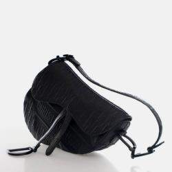 Pre Owned Dior Medium Oblique Embossed Black Calf Leather Saddle Bag