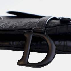 Pre Owned Dior Medium Oblique Embossed Black Calf Leather Saddle Bag