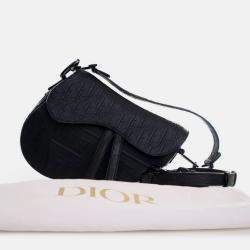 Pre Owned Dior Medium Oblique Embossed Black Calf Leather Saddle Bag