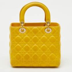 Pre Owned Dior Yellow Cannage Leather Medium Lady Dior Tote