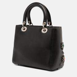 Pre Owned Dior Black Medium Beaded Floral Embellished Lambskin Lady Dior