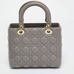 Pre Owned Dior Grey Cannage Leather Medium Lady Dior Tote