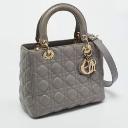 Pre Owned Dior Grey Cannage Leather Medium Lady Dior Tote