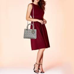 Pre Owned Dior Grey Cannage Leather Medium Lady Dior Tote