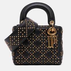 Pre Owned Dior Black Mini Lambskin Cannage Studded Supple Lady Dior