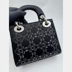 Pre Owned Dior Black Cannage Satin Mini Crystal Embellished Lady Dior Tote