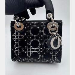 Pre Owned Dior Black Cannage Satin Mini Crystal Embellished Lady Dior Tote