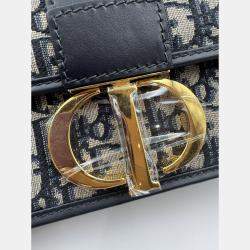 Pre Owned Dior Navy Blue Oblique Canvas and Leather Montaigne 30 Flap Shoulder Bag