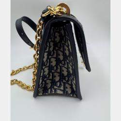 Pre Owned Dior Navy Blue Oblique Canvas and Leather Montaigne 30 Flap Shoulder Bag