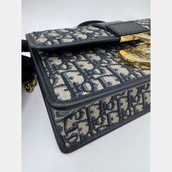 Pre Owned Dior Navy Blue Oblique Canvas and Leather Montaigne 30 Flap Shoulder Bag