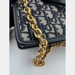 Pre Owned Dior Navy Blue Oblique Canvas and Leather Montaigne 30 Flap Shoulder Bag