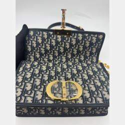 Pre Owned Dior Navy Blue Oblique Canvas and Leather Montaigne 30 Flap Shoulder Bag