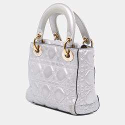 Pre Owned حقيبة ديور ليدي ديور كاناج صغيرة ميتاليك جلد عجل محبب فضي