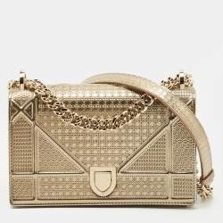 Pre Owned Dior Gold Microcannage Patent Leather Small Diorama Shoulder Bag