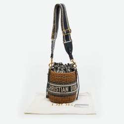 Pre Owned Dior Navy Blue/Brown Oblique Canvas and Raffia Drawstring Bucket Bag