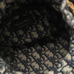 Pre Owned Dior Navy Blue/Brown Oblique Canvas and Raffia Drawstring Bucket Bag