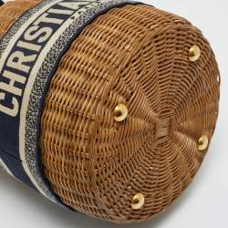 Pre Owned Dior Navy Blue/Brown Oblique Canvas and Raffia Drawstring Bucket Bag