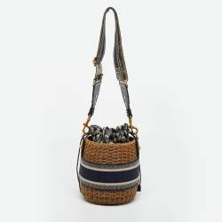 Pre Owned Dior Navy Blue/Brown Oblique Canvas and Raffia Drawstring Bucket Bag
