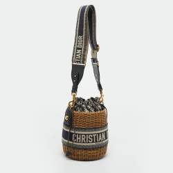 Pre Owned Dior Navy Blue/Brown Oblique Canvas and Raffia Drawstring Bucket Bag