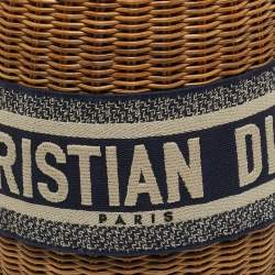 Pre Owned Dior Navy Blue/Brown Oblique Canvas and Raffia Drawstring Bucket Bag