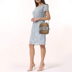 Pre Owned Dior Navy Blue/Brown Oblique Canvas and Raffia Drawstring Bucket Bag