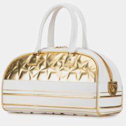 Pre Owned Dior Gold White Medium Padded Etoile Leather Vibe Zip Bowling Bag