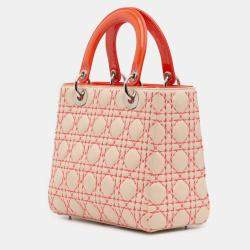 Pre Owned Dior Beige Orange Medium Lambskin Cannage Stitched Lady Dior