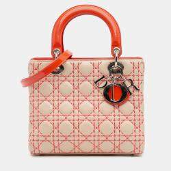 Pre Owned Dior Beige Orange Medium Lambskin Cannage Stitched Lady Dior