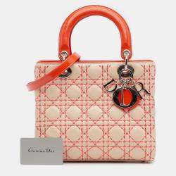Pre Owned Dior Beige Orange Medium Lambskin Cannage Stitched Lady Dior