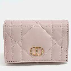 Pre Owned Dior Pink Leather Crystal Logo Caro Bifold Wallet