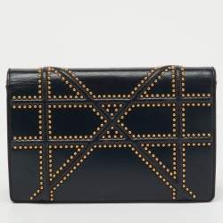 Pre Owned محفظة بسلسلة ديور ديوراما جلد أسود مرصعة