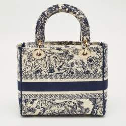 Pre Owned Dior Navy Blue/White Embroidered Canvas Medium Toile de Jouy Lady D-Lite Tote