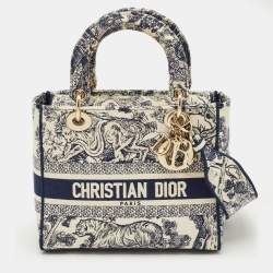 Pre Owned Dior Navy Blue/White Embroidered Canvas Medium Toile de Jouy Lady D-Lite Tote
